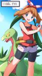  1girl bangs bare_arms bike_shorts blue_eyes blush bow_hairband brown_hair clouds collarbone commentary_request day eyebrows_visible_through_hair eyelashes fanny_pack floating_hair gen_3_pokemon grovyle hairband highres holding holding_poke_ball knees looking_at_viewer may_(pokemon) miyama-san open_mouth outdoors poke_ball poke_ball_(basic) pokemon pokemon_(creature) pokemon_(game) pokemon_oras red_hairband red_tank_top shorts sky tank_top teeth translation_request white_shorts 