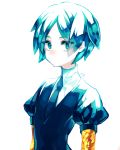  1other absurdres androgynous aqua_eyes aqua_hair bangs blue_hair colored_eyelashes crystal_hair eyes_visible_through_hair gem_uniform_(houseki_no_kuni) golden_arms green_eyes hanabata0320 highres houseki_no_kuni looking_at_viewer necktie phosphophyllite short_hair simple_background solo white_background 