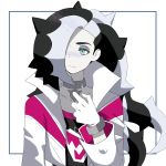 1boy aru_(user_yjjc5453) bangs black_hair choker closed_mouth commentary_request cropped_jacket eyeshadow gloves green_eyes gym_leader hair_over_one_eye highres jacket long_hair long_sleeves looking_to_the_side makeup male_focus multicolored_hair piers_(pokemon) pokemon pokemon_(game) pokemon_swsh solo two-tone_hair upper_body white_hair white_jacket 