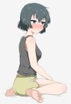 1girl ass bare_shoulders barefoot black_hair black_tank_top blue_eyes blush breasts closed_mouth eyebrows_visible_through_hair feet highres kaban_(kemono_friends) kemono_friends looking_to_the_side medium_breasts nyaru_(pixiv43108714) on_floor shiny shiny_hair shiny_skin short_hair shorts simple_background sitting solo tank_top white_background yellow_shorts 