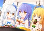  3girls :d ^_^ barbecue bare_arms bare_shoulders blonde_hair blue_bow blush bow brown_choker brown_eyes choker closed_eyes closed_mouth collarbone corn day dress eating food hair_ribbon holding holding_food holding_plate meat multiple_girls one_side_up open_mouth original parted_lips plate purple_hair ribbon silver_hair sleeveless sleeveless_dress smile tongs white_dress white_ribbon yuuhagi_(amaretto-no-natsu) 