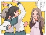  3girls aoba_kokona arm_up blush_stickers brown_hair commentary_request grey_hair hand_up index_finger_raised kuraue_hinata long_hair meis_(terameisu) multiple_girls school_uniform serafuku shaded_face short_hair short_twintails surprised sweatdrop translation_request twintails yama_no_susume yukimura_aoi 