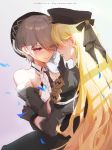  bare_shoulders bianka_durandal_ataegina black_gloves black_headwear blonde_hair blush character_name durandal_(valkyrie_gloria) english_commentary ether.b eye_contact finger_to_another&#039;s_mouth gloves hair_over_one_eye honkai_(series) honkai_impact_3rd hug light_brown_hair long_hair looking_at_another mole mole_under_eye red_eyes rita_rossweisse short_hair smile standing uniform very_long_hair yuri 