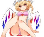  1girl ass ass_visible_through_thighs bangs bare_legs barefoot blonde_hair blush bow bra breasts collarbone crystal eyebrows_visible_through_hair eyelashes feet_out_of_frame flandre_scarlet hair_between_eyes hat highres holding holding_clothes holding_shirt kiui_(dagk8254) knees_together_feet_apart knees_up looking_at_viewer medium_breasts medium_hair miniskirt mob_cap panties pink_bra pink_panties red_bow red_eyes red_ribbon red_skirt ribbon shirt short_sleeves side_ponytail simple_background sitting skirt smile solo thighs touhou underwear undressing white_background wings 
