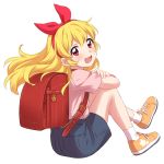  1girl :d absurdres aikatsu! aikatsu!_(series) backpack bag blonde_hair blush bow commentary denim denim_skirt eyebrows_visible_through_hair floating_hair full_body hair_bow hair_ribbon hairband highres hoshimiya_ichigo leg_hug long_hair looking_at_viewer looking_back open_mouth pink_shirt randoseru red_eyes red_hairband red_ribbon ribbon school_bag sekina shirt shoes simple_background sitting skirt smile socks solo t-shirt white_background white_legwear yellow_footwear younger 