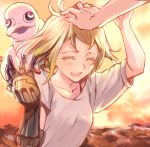  1girl blonde_hair closed_eyes decadence_(anime) hand_on_head happy highres masaki_(sakura_tenkyuu) natsume_(decadence) open_mouth orange_hair outdoors petting pipe_(decadence) prosthesis prosthetic_arm shirt short_hair smile solo_focus 