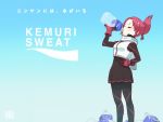  1girl blue_background bottle drinking gradient gradient_background ichika_(quaternionxxx) kemurikusa logo_parody redhead rin_(kemurikusa) solo tied_hair water water_bottle 