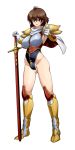  1girl ariina_(shiokeidanshi) armor brown_eyes brown_hair cape commentary_request cosplay flare_(langrisser) flare_(langrisser)_(cosplay) full_body gloves highleg langrisser leotard long_legs open_mouth pauldrons planted_sword planted_weapon pointing pointing_at_viewer short_hair shoulder_armor simple_background solo standing sword weapon white_background white_gloves yukimura_keiko yuu_yuu_hakusho 