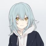  1other androgynous bangs blue_hair fu_ku1_437 hair_between_eyes hood hoodie jacket long_hair looking_at_viewer open_mouth rimuru_tempest signature simple_background smile solo tensei_shitara_slime_datta_ken yellow_eyes 