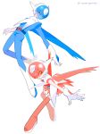  1boy 1girl flying gen_3_pokemon gloves helmet highres latias latios legendary_pokemon looking_at_viewer looking_to_the_side myugummycandy open_hands orange_eyes personification pokemon pokemon_(game) pokemon_rse white_gloves wings 