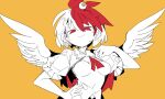  1girl breasts eyeball_hair_ornament feathered_wings hand_on_hip hand_up limited_palette looking_at_viewer massakasama medium_breasts multicolored_hair neck_ribbon niwatari_kutaka red_eyes red_ribbon redhead ribbon short_sleeves simple_background smile solo touhou two-tone_hair upper_body wings yellow_background 