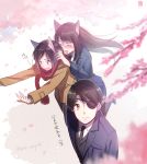  1boy 2girls aki_(neyuki41028) aldnoah.zero amifumi_inko animal_ears black_hair blurry_foreground blush brother_and_sister brown_hair cat_ears cherry_blossoms closed_eyes embarrassed eyepatch flying_sweatdrops kaizuka_inaho kaizuka_yuki kemonomimi_mode long_hair military military_uniform multiple_girls open_mouth outstretched_arms red_eyes red_scarf scarf short_hair siblings translation_request uniform violet_eyes 