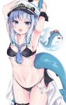  1girl absurdres alternate_costume armpits arms_up bikini black_bikini bloop_(gawr_gura) blue_eyes blue_hair blue_neckwear breasts commentary_request gawr_gura gray_ceon hat highres holding holding_polearm holding_weapon hololive hololive_english leg_garter looking_at_viewer medium_breasts multicolored_hair navel open_mouth peaked_cap polearm sailor_collar shark_tail sharp_teeth short_hair simple_background stomach swimsuit tail teeth thighs two-tone_hair upper_teeth virtual_youtuber weapon white_background white_hair white_headwear white_sailor_collar 