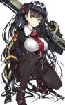  1girl bangs black_hair black_legwear breasts bullpup eyebrows_visible_through_hair girls_frontline gloves gun hair_ribbon highres itsudatte_8ban large_breasts long_hair looking_at_viewer necktie one_side_up pantyhose red_eyes red_neckwear ribbon rifle shirt simple_background skirt sniper_rifle solo very_long_hair wa2000_(girls_frontline) walther walther_wa_2000 weapon 