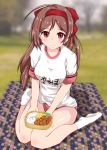  1girl absurdres brown_hair buruma food grass gym_shirt gym_uniform hair_ornament hair_ribbon hairclip highres kantai_collection kitahama_(siroimakeinu831) long_hair lunchbox mamiya_(kantai_collection) name_tag obentou outdoors picnic red_buruma ribbon shirt short_sleeves sitting solo thighs wariza white_shirt 