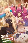 2girls :d animal anniversary bangs bare_arms bare_shoulders black_dress black_legwear blonde_hair blunt_bangs blurry blurry_background boar candle chandelier cleo_(dragalia_lost) closed_mouth commentary copyright_name crossed_legs depth_of_field dragalia_lost dress english_commentary eyebrows_visible_through_hair fire gradient_hair hair_between_eyes hentaki highres indoors long_hair long_sleeves multicolored_hair multiple_girls open_mouth pantyhose petals puffy_long_sleeves puffy_sleeves purple_hair railing red_eyes sazanka_(dragalia_lost) sitting sleeveless sleeveless_dress smile twintails very_long_hair violet_eyes white_dress 