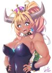  1girl ahoge bare_arms bare_shoulders black_collar black_leotard blonde_hair bowsette bowsette_(cosplay) bracelet breasts brooch collar collarbone cosplay crown drill_hair drill_locks earrings eyebrows_visible_through_hair fangs fingernails green_eyes hands_on_hips high_ponytail highres hori_shin horns jewelry large_breasts leotard looking_at_viewer super_mario_bros. michelle_(hori_shin) multicolored_hair nail_polish new_super_mario_bros._u_deluxe open_mouth original pink_hair pointy_ears purple_nails sharp_fingernails shiny shiny_clothes signature simple_background smile solo spiked_bracelet spiked_collar spiked_shell spikes strapless strapless_leotard super_crown tan thick_eyebrows toned turtle_shell upper_body white_background 