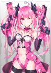  1girl bangs breasts dual_wielding grace_(sound_voltex) gun handgun highres holding holding_gun holding_weapon kie_(yospcd) looking_at_viewer midriff_cutout navel one_eye_closed pink_hair pistol small_breasts solo sound_voltex tongue tongue_out twintails weapon 