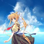  1girl absurdres air blonde_hair blurry blush bokeh bow clouds commentary condensation_trail depth_of_field dress hair_bow highres horizon kamio_misuzu lokking_back longmei_er_de_tuzi necktie ocean open_mouth ponytail sky smile solo water 