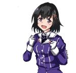  1girl black_hair brown_eyes commentary_request haguro_(kantai_collection) hair_ornament kantai_collection looking_at_viewer makinoki military military_uniform purple_shirt remodel_(kantai_collection) shirt short_hair simple_background smile solo uniform upper_body white_background 