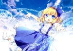  1girl absurdres alice_margatroid alice_margatroid_(pc-98) artist_request blonde_hair blue_eyes blue_hairband blue_skirt blush bobby_socks bow clouds cloudy_sky eyebrows_visible_through_hair feet_out_of_frame flying frilled_shirt_collar frilled_skirt frills hairband happy highres looking_at_viewer magic_circle open_mouth outstretched_arms puffy_short_sleeves puffy_sleeves shirt short_hair short_sleeves skirt sky socks solo touhou touhou_(pc-98) white_bow white_shirt 