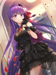  1girl bangs bare_shoulders bb_(fate)_(all) bb_(fate/extra_ccc) black_dress black_gloves blush breasts brooch closed_mouth dress earrings fate/extra fate/extra_ccc fate_(series) gloves hair_ornament hair_ribbon highres jewelry large_breasts long_hair looking_at_viewer neck_ribbon petals purple_hair red_ribbon renka_(renkas) ribbon smile thighs very_long_hair violet_eyes 