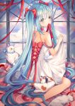  1girl blue_hair cat dress from_behind hatsune_miku long_hair looking_back m1yu mouth_hold red_ribbon ribbon ribbon_in_mouth seiza sitting twintails very_long_hair vocaloid white_dress 