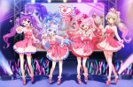  +_+ 4girls :d ;d absurdres aisha_landar audience blue_bow blue_eyes bow collared_dress demon_girl demon_tail dress elsword eve_(elsword) eyebrows_visible_through_hair facial_mark fang full_body glint glowstick hair_bow hand_on_hip hand_up hands_up heart highres idol jewelry laby_(elsword) light_particles long_hair looking_at_viewer luciela_r._sourcream mega_cake microphone multiple_girls one_eye_closed open_mouth orange_eyes outstretched_arm pink_bow pink_eyes pink_footwear pink_hair pointy_ears power_(lu_power) purple_bow purple_hair ring shadow sharp_teeth shoes silver_hair smile socks sparkle stage standing star_(symbol) tail teeth thigh_strap twintails two_side_up v very_long_hair violet_eyes white_legwear 