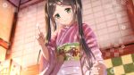  1girl brown_hair commission green_eyes indoors izumi_(stardustalone) japanese_clothes kimono long_hair mimikaki obi original pink_kimono sash smile solo twintails upper_body 