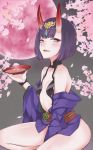  1girl a9_(repainter) bangs bare_shoulders blush bob_cut breasts cherry_blossoms collarbone eyeliner fang fate/grand_order fate_(series) full_moon headpiece horns japanese_clothes kimono long_sleeves looking_at_viewer makeup moon obi off_shoulder oni oni_horns parted_lips purple_hair purple_kimono red_moon revealing_clothes sash short_hair shuten_douji_(fate/grand_order) sitting skin-covered_horns small_breasts smile thighs violet_eyes wide_sleeves 