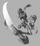  1boy absurdres axe bionicle chopping gears grey_background highres jeetdoh kanohi_(bionicle) leaf lewa_(bionicle) monochrome no_humans robot the_lego_group weapon white_eyes 
