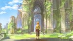  1boy back blue_sky brown_footwear clouds cloudy_sky from_behind grass highres la-sera link low_ponytail pointy_ears ponytail ruins scenery short_ponytail sky solo stick strap the_legend_of_zelda the_legend_of_zelda:_breath_of_the_wild 