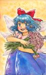  1girl absurdres bangs blouse blue_dress blue_eyes blue_hair bow cirno cowboy_shot dress eyebrows_visible_through_hair fairy fairy_wings flower hair_bow highres holding holding_flower looking_at_viewer medium_hair molokomoko open_mouth photo-referenced pinafore_dress pink_flower pink_rose puffy_short_sleeves puffy_sleeves red_bow red_ribbon ribbon rose short_sleeves smile solo standing tagme touhou traditional_media watercolor_(medium) wavy_hair white_blouse wings yellow_background 