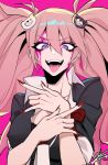  1girl :d \m/ black_bra bra brown_hair dangan_ronpa dangan_ronpa_1 english_commentary enoshima_junko hair_between_eyes hair_ornament j.k. looking_at_viewer open_mouth paint pink_background red_nails simple_background smile solo teeth tongue tongue_out twintails underwear violet_eyes 