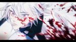  1boy bishounen blood blood_on_face bloody_clothes blue_eyes closed_mouth eyebrows_visible_through_hair eyes_visible_through_hair face hair_between_eyes honey_dogs long_hair male_focus murder original solo upper_teeth white_hair 