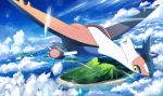  above_clouds clouds commentary day flying gen_3_pokemon island latias legendary_pokemon looking_to_the_side no_humans ocean outdoors pokemon pokemon_(creature) rowdon sky water yellow_eyes 