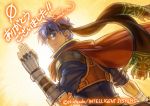  1boy artist_name blue_eyes blue_hair fingerless_gloves fire_emblem fire_emblem:_path_of_radiance fire_emblem_cipher gloves hand_up ike_(fire_emblem) kita_senri looking_back scarf solo 