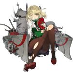  1girl :&lt; andrea_doria_(blue_oath) artist_request bangs black_skirt blonde_hair blue_oath blush boots breasts closed_mouth gloves green_eyes hat highres holding holding_clothes holding_hat long_sleeves medium_breasts military military_uniform official_art one_eye_closed pantyhose pleated_skirt rigging short_hair sitting skirt smoke solo torn_clothes torn_legwear transparent_background under_boob uniform 