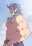  1boy abs bara bare_chest belt bulge chest dark_blue_hair facial_hair fang forked_eyebrows highres horns jewelry male_focus manly muscle navel navel_hair necklace nipples rybiokaoru short_hair sideburns solo sweat takemaru_(tokyo_houkago_summoners) thick_eyebrows thick_thighs thighs tokyo_houkago_summoners towel 
