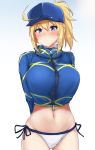  1girl ahoge arms_behind_back artoria_pendragon_(all) ass_visible_through_thighs baseball_cap bikini blonde_hair blue_eyes blue_headwear blush breasts closed_mouth eyebrows_visible_through_hair fate/grand_order fate_(series) hair_between_eyes hair_through_headwear hat highres large_breasts looking_at_viewer mysterious_heroine_xx_(foreigner) navel ponytail poshi_(ginmokusei) shrug_(clothing) side-tie_bikini solo swimsuit white_bikini zipper 