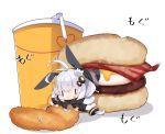  1girl :t animal_ears antenna_hair bacon bangs bendy_straw black_jacket blush braid chibi closed_mouth commentary_request cup disposable_cup drinking_straw eating fake_animal_ears fast_food food food_on_face hair_between_eyes hair_ornament hamburger holding holding_food in_food jacket kizuna_akari long_sleeves milkpanda minigirl open_clothes open_jacket puffy_long_sleeves puffy_sleeves rabbit_ears shadow silver_hair solo star_(symbol) translation_request twin_braids twintails voiceroid wavy_mouth white_background |_| 