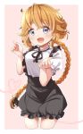  1girl :d bangs black_ribbon black_skirt blush braid breasts brown_hair cropped_legs eyebrows_visible_through_hair frilled_skirt frills grey_eyes hair_between_eyes hair_ribbon hands_up heart long_hair looking_at_viewer medium_breasts neck_ribbon nijisanji open_mouth otogibara_era pink_background puffy_short_sleeves puffy_sleeves ribbon shirt short_sleeves single_braid skirt smile solo suspender_skirt suspenders two-tone_background very_long_hair virtual_youtuber white_background white_shirt yukie_(kusaka_shi) 