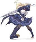  ahoge black_legwear blazblue blonde_hair blue_eyes boots breasts dress es_(xblaze) frilled_dress frills holding holding_sword holding_weapon huge_ahoge large_breasts long_hair shiseki_hirame simple_background sword weapon white_background 