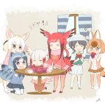  1boy 5girls :3 :d animal_ears bird_tail black_hair blonde_hair blush brown_hair captain_(kemono_friends) chibi closed_eyes commentary_request common_raccoon_(kemono_friends) curtains dhole_(kemono_friends) dog_ears eating fennec_(kemono_friends) food fox_ears frilled_sleeves frills grey_hair hat head_wings japanese_crested_ibis_(kemono_friends) kemono_friends_3 kneeling multicolored_hair multiple_girls open_mouth pleated_skirt raccoon_ears raccoon_tail redhead scarlet_ibis_(kemono_friends) skirt smile smug sparkle standing steam sweet_potato table tail uzuki_machi white_hair white_headwear wide_sleeves window 