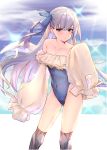  1girl absurdres bangs bare_shoulders blue_bow blue_ribbon blue_swimsuit bow breasts closed_mouth collarbone commentary_request covered_navel eyebrows_visible_through_hair fate/grand_order fate_(series) highleg highleg_swimsuit highres long_hair looking_at_viewer meltryllis meltryllis_(swimsuit_lancer)_(fate) off-shoulder_swimsuit off_shoulder otomo purple_hair ribbon simple_background sleeves_past_fingers sleeves_past_wrists small_breasts solo sparkle standing strapless strapless_swimsuit swimsuit thigh-highs thighs tied_hair very_long_sleeves 
