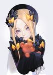  1girl abigail_williams_(fate/grand_order) absurdres bangs black_bow black_dress black_headwear blonde_hair blue_eyes bow closed_mouth dress eyelashes fate/grand_order fate_(series) hair_bow hat head_tilt highres holding holding_stuffed_toy long_hair long_sleeves looking_at_viewer orange_bow parted_bangs polka_dot polka_dot_bow simple_background sleeves_past_fingers sleeves_past_wrists smile solo stuffed_animal stuffed_toy teddy_bear toma_(me666nm) white_background 