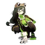  1girl asui_tsuyu black_eyes black_pants blue_bodysuit bodysuit boku_no_hero_academia closed_mouth domino_mask full_body gloves goggles goggles_on_head green_hair highres long_hair low-tied_long_hair mask no_nose pants simple_background solo squatting ssambatea white_background white_gloves 