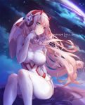  1girl aqua_eyes artist_name bangs breasts commentary_request darling_in_the_franxx hair_between_eyes headphones horns large_breasts long_hair mitsu_(mitsu_art) oni_horns pilot_suit pink_hair red_horns sitting skin_tight sky solo star_(sky) starry_sky zero_two_(darling_in_the_franxx) 