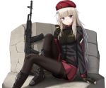  1girl ak-74m ak-74m_(girls_frontline)_(rabochicken) arm_support assault_rifle beret black_footwear black_gloves black_jacket black_legwear blue_eyes boots breasts candy chocolate chocolate_bar fingerless_gloves food girls_frontline gloves gun hair_ornament hat highres holding jacket knee_boots knee_up long_hair long_sleeves looking_at_viewer miniskirt original pantyhose red_headwear red_skirt rifle silver_hair simple_background sitting skirt small_breasts smile solo thighband_pantyhose weapon white_background yakob_labo 