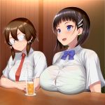  2girls =3 absurdres asada_shino bangs black_hair blue_eyes blue_ribbon blunt_bangs blush bra bra_peek bra_through_clothes breast_envy breast_rest breasts brown_hair bursting_breasts button_gap collared_shirt commentary_request cup dress_shirt drinking_glass drinking_straw emphasis_lines glasses green_bra hair_ornament hair_tie hairclip highres huge_breasts indoors kawase_seiki kirigaya_suguha large_breasts multiple_girls necktie opaque_glasses open_mouth red_neckwear ribbon round_teeth see-through semi-rimless_eyewear shirt short_hair short_sleeves short_twintails sitting smile sweat sword_art_online table tea teeth twintails underwear wavy_mouth white_shirt wing_collar 